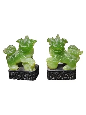 Vintage Jade Like Foo Dog Figurines on Black Stand~Set /2~Asian/ Oriental Decor - Image 1 of 4