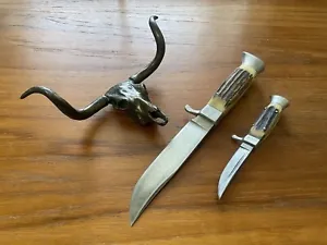 Vintage Germany Stag Hunting Knives WITH Brass Longhorn Skull Desk Decor RARE! - Picture 1 of 19