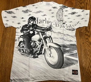 Camicia Harley Davidson 1991 vintage L Londra Inghilterra stampa all over AOP - Foto 1 di 7