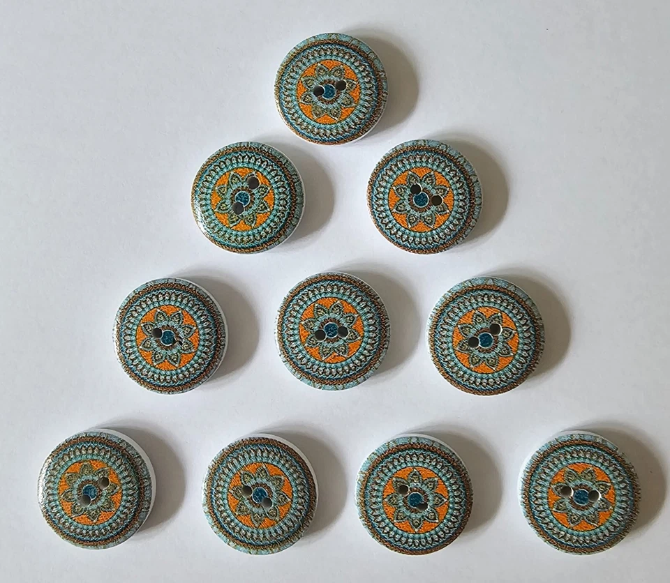 10 Turquoise & Orange Kaleidoscope Effect Pattern Round Buttons Size 20mm - Image 1 of 1