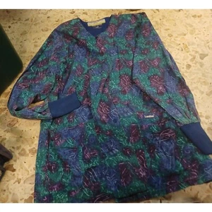 Landau Women's LS Scrub Top Large Purple/Green/Blue Snap-Up - Picture 1 of 3