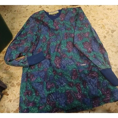 Landau Women's LS Scrub Top Large Purple/Green/Blue Snap-Up - Image 1 of 3