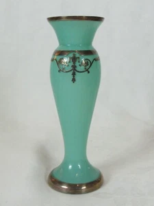 Tiffin Rockwell Silver Overlay 6.5" Green Glass Art Deco Bud Vase 1930’s - Picture 1 of 5