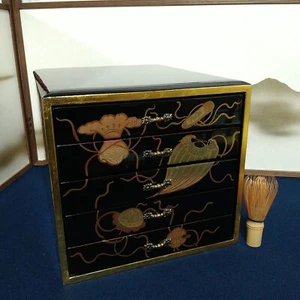 Japanese Lacquer Five-Drawer Small Jewelry Box Tansu 10.04inch Makie Gold Leaves - Picture 1 of 21