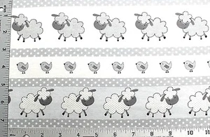 BTY* BABY GREY DOTTED SHEEP & CHICKS- ON GREY STRIPES FLANNEL FABRIC 42x36" 1YD - Picture 1 of 4