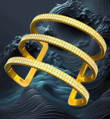 Vince Camuto Gold Tone Clear Glass Rhinestones Triple Cuff Bracelet Disco Style - Image 1 of 4