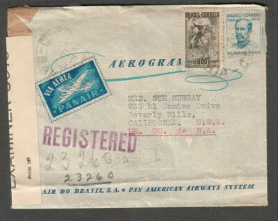 Brazil 1942 WWII PC90 IE censor registered Panair cover to Beverly Hills v Miami - Image 1 of 2
