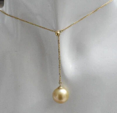19" Golden AAAA 10-11mm Round south sea pearl pendant necklace 14k Gold P - Image 1 of 4