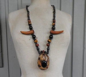 Tagua Secret Pipe Hemp Necklace Onyx Inlay Tiger Eye Bloodstone Beads Adjustable - Picture 1 of 11