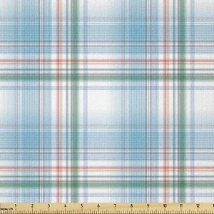 Checkered Fabric by The Yard, Pastel White Blue Checkered Pattern with Pink S... - Picture 1 of 4