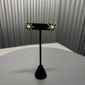 Vintage Gold Tone Starburst Clip On Earrings Faux Pearl Crystal Accent Signed - Bild 1 von 13