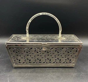 Rechteckiger Spiegel silberfarben durchbohrt Metall mit Plexiglas Griff MCM Vintage - Bild 1 von 17