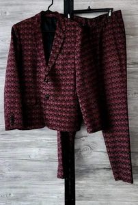 Mr Turk Suit Men's 40 Pants 32 Dark Red Black Textured Fabric Double Button EUC - Picture 1 of 12