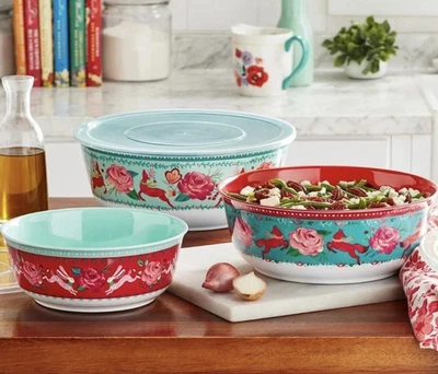 The Pioneer Woman ~ Bosque Festivo ~ Juego de tazones para servir de melamina con tapas ~ 6 piezas Foto 1 de 3