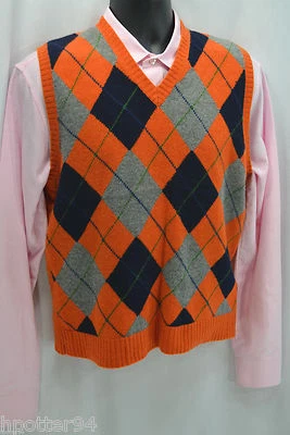 Chaleco tejido 100 % lana cuello en V naranja azul marino Argyle L 38 pecho J CREW de colección para niños   Foto 1 de 4