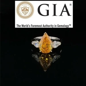 Diamond Ring Fancy Vivid Yellow Orange GIA Certified Pear 3.53 CT Platinum Size6 - Picture 1 of 11