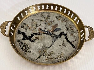 Brass Tray Reticulated Etched Enamel Inlay Bird of Paradise 9.5" Handles - Picture 1 of 5