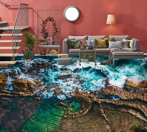 3D Waves Rocks 34RAIN15 Floor WallPaper Murals Wall Print Decal AJ Honey - Picture 1 of 5