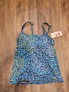 Lands End Womens Size 2 Tankini Top Underwire Bra Geometric Blue Teal Lined NWT - Picture 1 of 10
