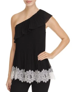 MICHAEL by MICHAEL KORS WOMEN'S 8/10 PLEATED ONE SHOULDER RUFFLE LACE BLACK TOP - Picture 1 of 6