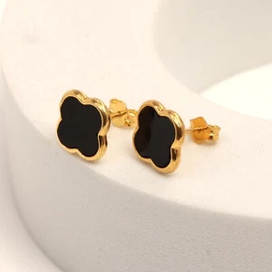 Valentines Day Gift 14K Gold-Plated Black MOP Clover Stud Earring for Women 12MM - Picture 1 of 7