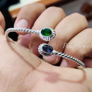 Bracciale rigido in argento sterling 925 con pietre preziose a taglio ovale... - Foto 1 di 8