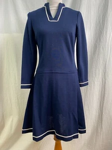Vintage 70s Kay Windsor Navy Blue White Piping Long Sleeve Sailor Mini Dress 6 - Picture 1 of 3