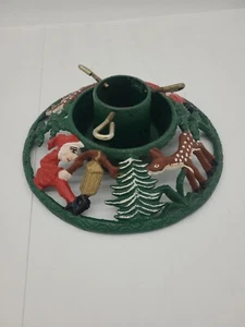 Antique German Christmas Tree Stand Painted Metal Cast Iron Elves Deer Trees 10" - Picture 1 of 13
