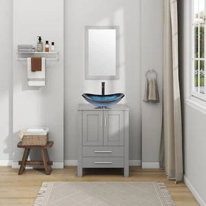 24 Zoll Badezimmer Waschtisch mit Glas Waschbecken Spiegel Wasserhahn Pop Up Ablauf Combo - Bild 1 von 15