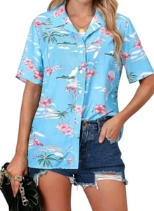 ZXZY Womens Summer Hawaiian Button Up Shirt SIZE LARGE Floral Flamingo Palm Tree - Picture 1 of 4