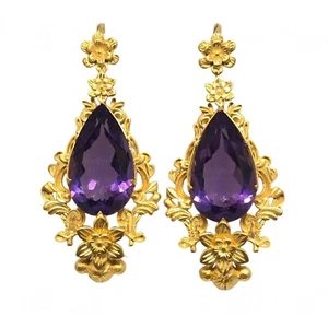 Vintage Art Deco Pear Simulated Amethyst Dangle Drop Earrings 14K Gold Silver - Picture 1 of 9
