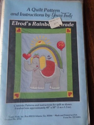 VINTAGE SEW CRIB QUILT PATTERN ELROD'S RAINBOW PARADE ELEPHANT RAINBOW 40"X50" - Image 1 of 3