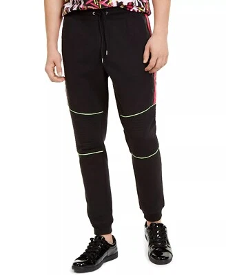 Calça jogger masculina de algodão stretch INC preta tamanho G, joelho de moto, acabamento em couro sintético - Imagem 1 de 4
