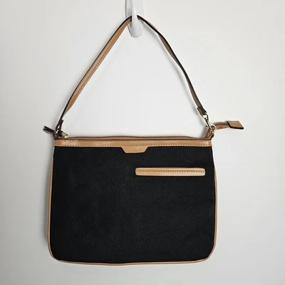 Bolso de Mano Tutilo New York Negro Nylon Cuero Tostado Borde Muñequera Foto 1 de 4