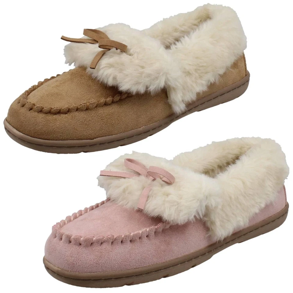 Ladies Clarks Moccasin Warm Lined Slippers With Faux Fur Trim Leno Cosy