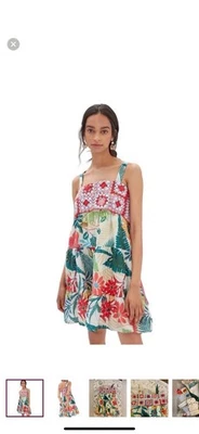 FARM RIO Anthropologie Floral Crochet Tier Dress XL Green Leaf Pockets Lined - Image 1 of 4