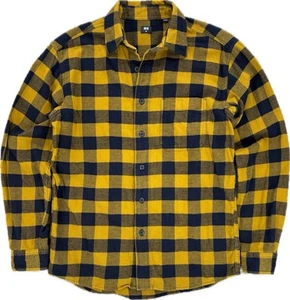 Uniqlo Flannel Lumberjack Gold/Navy Plaid Button Up Men's Size Small 100% Cotton - Picture 1 of 13