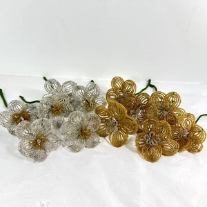 Vintage French Glass Seed Bead Silver and Gold Flowers 12 Stems Napkin Rings - Picture 1 of 8