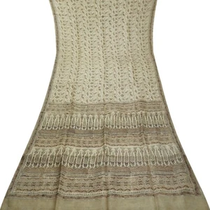 Vintage Beige Sari 100% Pura Seta Paisley Stampata Indiano 5.5m Craft Tessuto - Foto 1 di 6