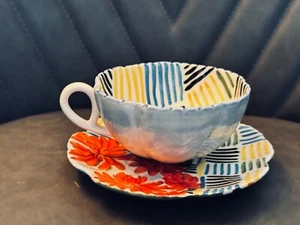 Anthropologie Modern Blue Yellow Red Cup & Saucer Set - Picture 1 of 5