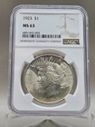 1923 Silver Peace Dollar Ngc Ms 63