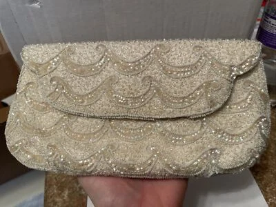 VTG 1950s MAGID HAND BEADED CLUTCH EVENING BAG MADE IN FRANCE WHITE GOLD PEARLS - Image 1 of 4