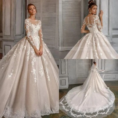 Elegant 3D Floral Wedding Dresses Long Sleeved Lace Appliques Bridal Ball Gowns - Image 1 of 4