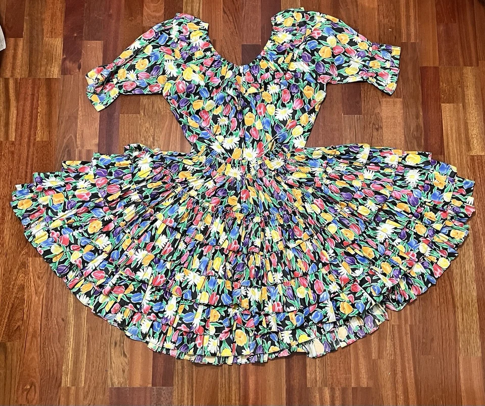 Vtg Med 3 Pc Ultra Flowy  Ruffles Rodeo Maximalist Tulip  Bright Rockabilly - Image 1 of 4