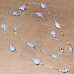 Necklace Blue Lace Feceted Gemstone Handmade Antique Jewelry 36'' - Picture 1 of 8