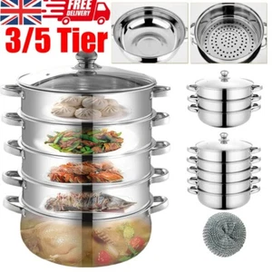 28cm 3/5 Tier Steam Cooker Steamer Pan Cook Food Veg Pot Stainless Steel - Picture 1 of 17