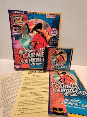 CARMEN SANDIEGO -WHERE IN THE USA (Broderbund 1992) edades 9+ CD-ROM MAC ~CAJA Foto 1 de 4