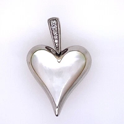 Kabana White Mother of Pearl Diamond 14K White Gold Heart Pendant - Image 1 of 4