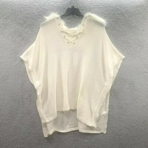 Baciano, Cream Faux Fur Trimmed Lace Up Knitted Women Poncho Open Buttoned Sides - Picture 1 of 12