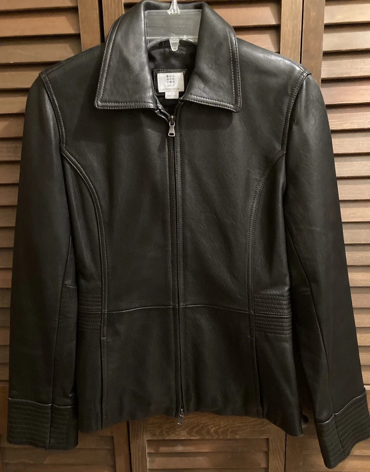 Apt. 9 женщин 100% из овчины кожаная куртка воротник молнии спереди размер маленький черный - Изображение 1 из 4